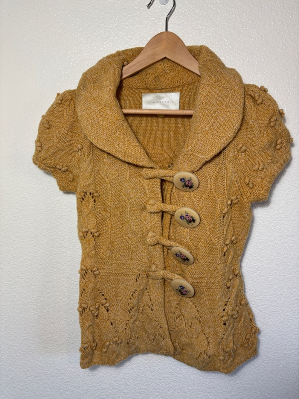 Leifsdottir Mustard Chunky Knit Sleeve Sweater Wooden Buttons Wool Blend Size S